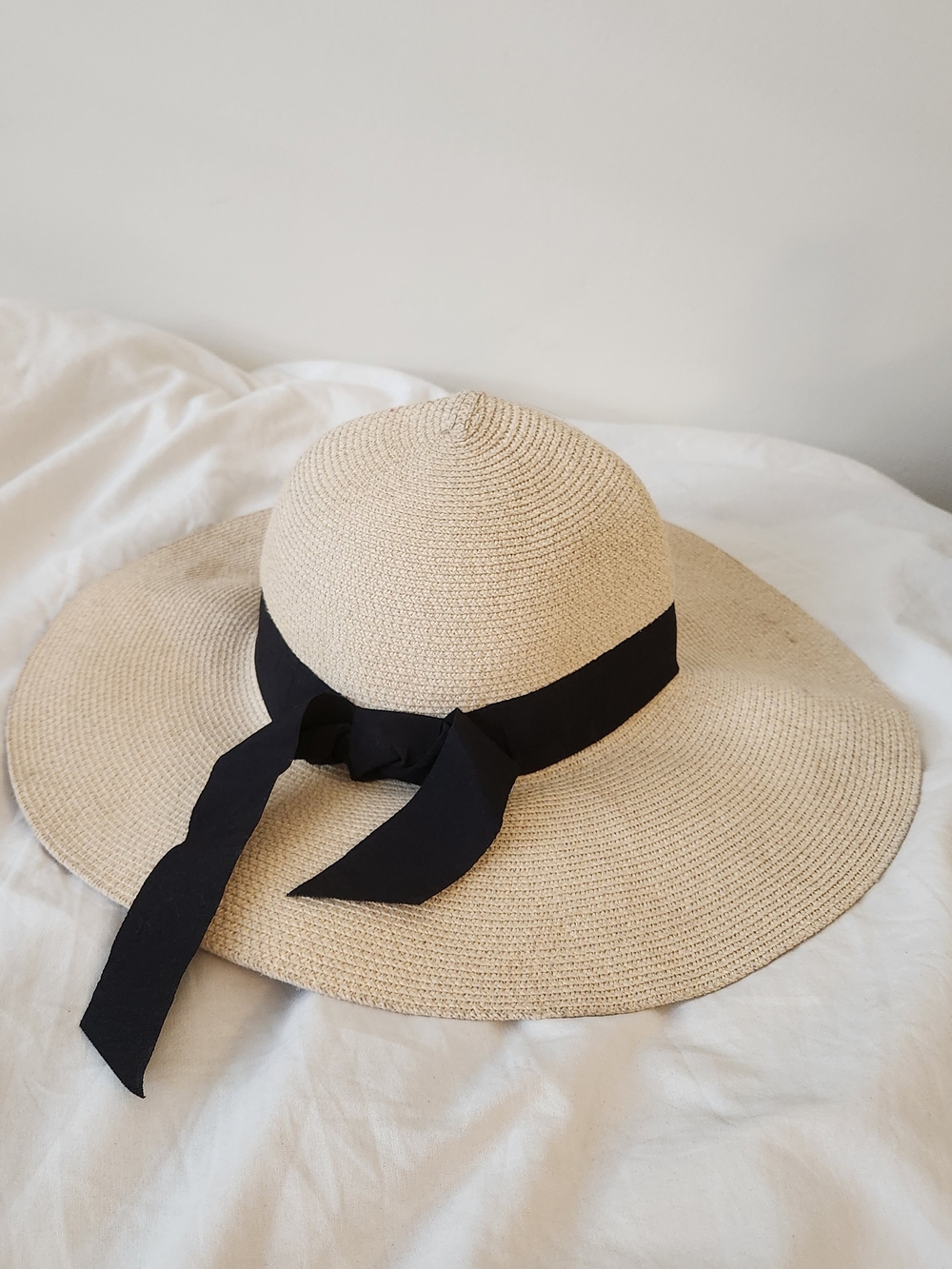 Straw Sun Hat with Black Ribbon - Women's Beach Hat
